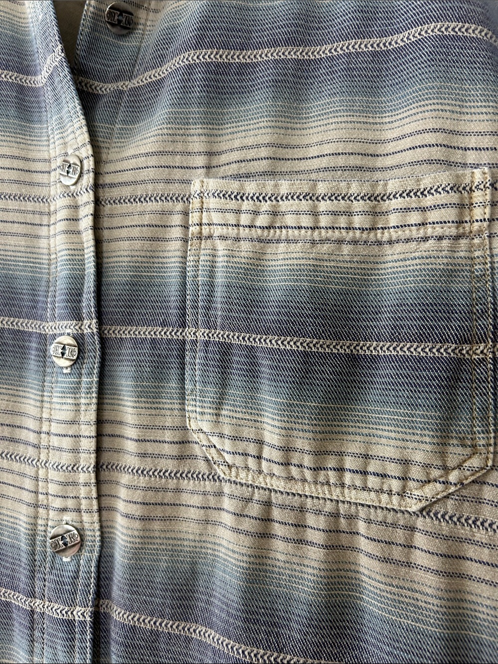Vintage Gramicci Southwest Shirt/Shacket Sz M w MEASUREMENTS Tan w Purple & Blue